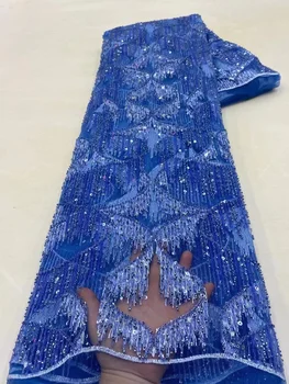Роскошное тюлевое кружево, бусины, блестки, Африканская кружевная ткань 2023, Высококачественная синяя Нигерийская сетчатая кружевная ткань, Сетчатое кружево для платья