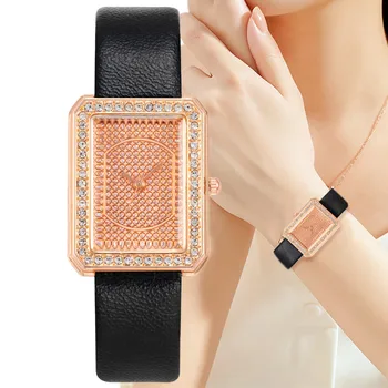 Роскошные женские часы, Модные квадратные, сверкающие бриллиантами кварцевые часы, Черные кожаные Женские часы, Подарочные наручные часы