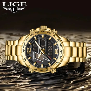 Роскошные Оригинальные Большие Мужские спортивные наручные часы LIGE, Кварцевые стальные Водонепроницаемые часы с двойным дисплеем, Relogio Masculino Для мужчин