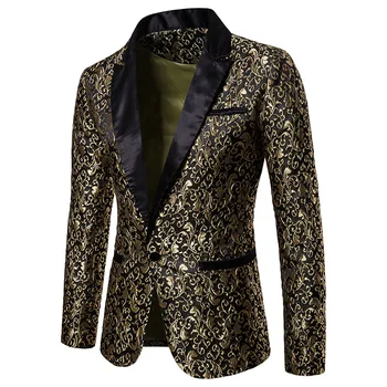 Роскошный Золотой Жаккардовый мужской костюм Модные деловые Блейзеры на одной пуговице, платье с цветочным рисунком, Свадебная куртка для Жениха, пальто