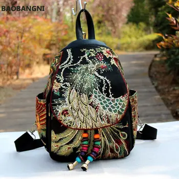 Рюкзак с вышивкой Феникса в стиле ретро, холст с пайетками, Племенные Этнические Рюкзаки с цветочной вышивкой, Национальная женская сумка для рюкзака
