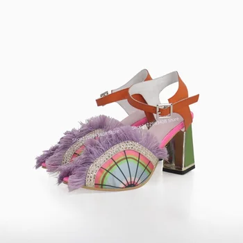 Сандалии с кисточками и Секторной Диаграммой, Розовые Сандалии с открытым Носком, Смешанные цвета, Обувь в странном Стиле, Женская Весенняя Пикантная Обувь Большого Размера, Zapatillas Mujer