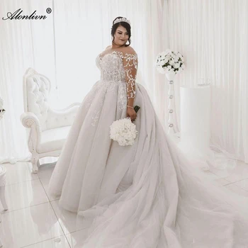 Свадебное платье Трапециевидной формы Большого РАЗМЕРА Alonlivn с элегантным симметричным кружевом на длинном рукаве