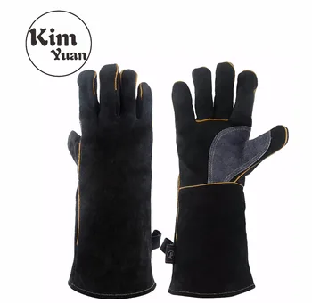 Сварочные перчатки KIMYUAN 016/017L термостойкие, идеально подходящие для приготовления пищи/выпечки/камина/обращения с животными/барбекю -Черно-серый 14/16 дюймов