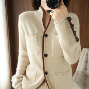 свитер из 100% чистой шерсти, осенне-зимний новый женский кардиган-стойка, повседневный вязаный топ, корейское модное женское пальто высокого класса