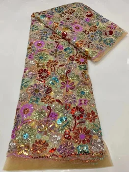Современная нигерийская кружевная ткань с тяжелым бисером, Роскошный Дубайский Тюль, Кружевная ткань с вышивкой бисером Для вечернего платья, свадебные ткани