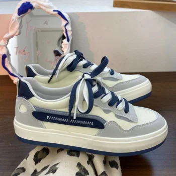 Спортивная обувь на платформе, Сине-белые женские кроссовки на плоской подошве, Повседневные теннисные туфли, Женская обувь для бега в корейском стиле Харадзюку
