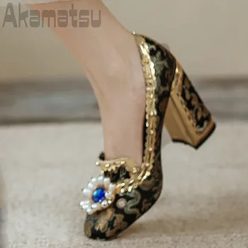 Тонкие туфли без застежек в китайском этническом стиле, Весенние Женские модельные туфли на высоком каблуке с вышивкой бриллиантами и жемчугом, 2023 Zapatos Para Mujere