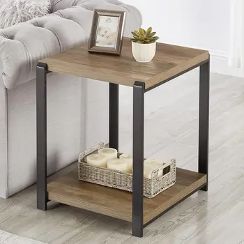 Торцевой столик, квадратный приставной столик с полкой для хранения в гостиной, прикроватная тумбочка из дерева и металла, дуб