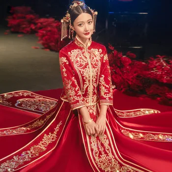 Традиционное винтажное свадебное платье невесты с красной вышивкой 2022 года в ретро-китайском стиле, изысканный стильный воротник-стойка Cheongsam
