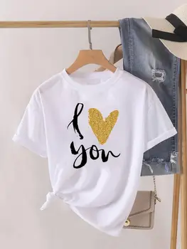 Трендовая футболка с надписью Love Heart, Милая футболка с графическим рисунком, Женский топ, Модная одежда с круглым вырезом, Одежда с принтом, Женская рубашка с коротким рукавом, футболка