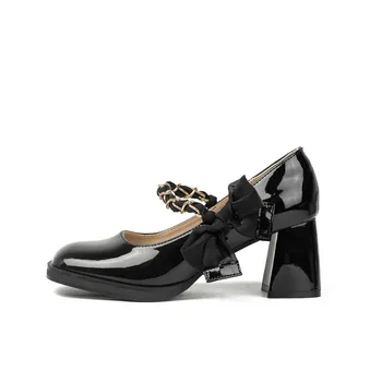 Туфли Mary Jane Из лакированной кожи на черном каблуке Летние Женские Туфли-лодочки на высоком массивном каблуке с бантом