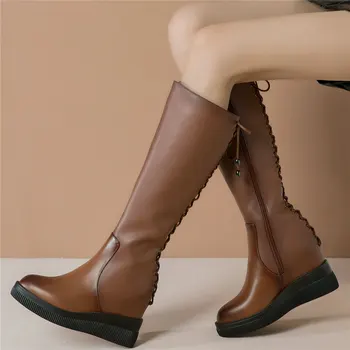 Туфли-лодочки на платформе со шнуровкой и ремешками, Женские сапоги до колена из натуральной кожи на высоком каблуке, Женские модные кроссовки до бедра с круглым носком