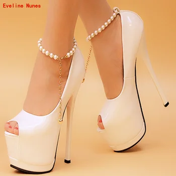 Туфли-лодочки с жемчужной пряжкой на щиколотке, Летние женские туфли на тонком высоком каблуке и платформе с открытым носком, Модные Классические Сексуальные белые туфли в стиле ночного клуба