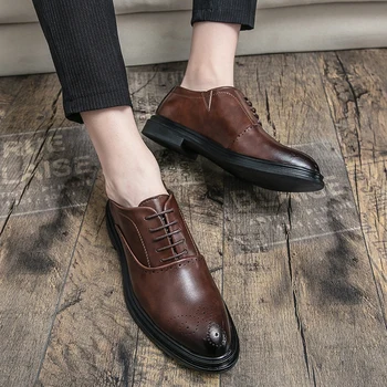 Туфли-Оксфорды, Мужские Однотонные Офисные туфли из Искусственной кожи на шнуровке с круглым носком, Нескользящие модельные туфли в деловом стиле, Удобная Модная Мужская Обувь
