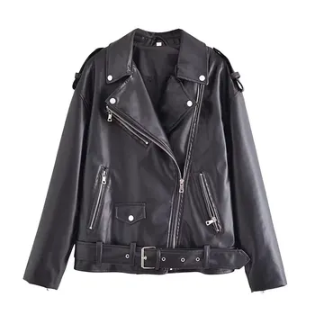 Увядшая мотоциклетная кожаная куртка в стиле бойфренда, Винтажная куртка на молнии для Хай-стрит, женская
