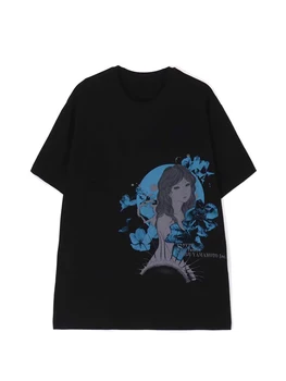 футболка y-3 Blue enchantress в темном стиле с цветочным рисунком, короткий рукав, футболки yohji yamamoto, топы, свободные футболки с круглым вырезом, футболка оверсайз