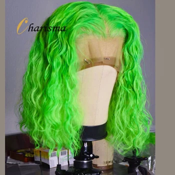 Харизма Вьющиеся парики на кружеве Зеленый синтетический парик для женщин с натуральной линией роста волос Бесклеевой синтетический парик на кружеве Короткие парики