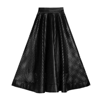 Черная Дизайнерская кожаная юбка с вырезами, Женская Элегантная юбка Трапециевидной формы с высокой талией, длинные юбки-качели q655