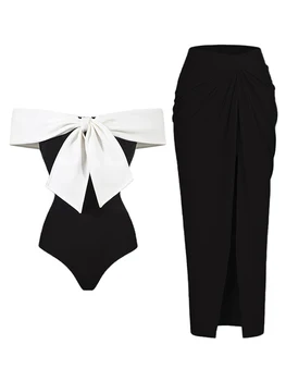 Черно-белое бикини с цветными блоками на одно плечо, цельный облегающий купальник с открытой спиной и бантом, женский Элегантный чехол на бретельках