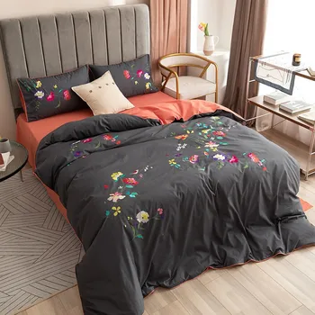 Черно-серые комплекты постельного белья с цветочной вышивкой, высококачественные пододеяльники из 100% хлопка, комплект постельного белья с цветочным принтом на все сезоны