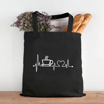 Черные холщовые сумки для покупок с принтом первого кофе, женские сумки на плечо, Многоразовые сумки для покупок, сумки для книг для учителей и студентов