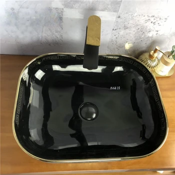 Черный Золотой керамический золотой дизайн умывальника для ванной