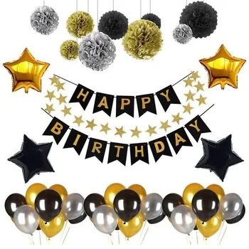 Черный золотой набор декоративных воздушных шаров для вечеринки в честь дня рождения, бумажный цветочный шар, рыбий хвост, флаг, звездная алюминиевая упаковка для воздушных шаров