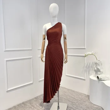 Элегантное платье миди со складками на одно плечо, Текстура 2022, Женская одежда высшего качества, тонкий металлический блеск, бронзовый вырез на талии