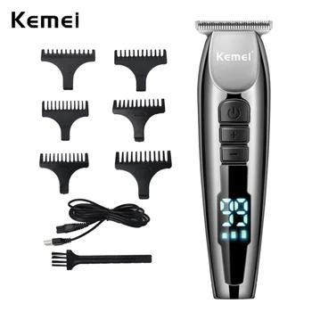Электрическая машинка для стрижки волос с ЖК-дисплеем Kemei, Профессиональная бритва, Машинка для стрижки бороды 0 мм, USB-аккумуляторная 3-ступенчатая регулировка
