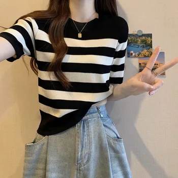 Южнокорейский модный женский топ, летняя трикотажная тонкая женская футболка, повседневная футболка с круглым вырезом и контрастным цветом в полоску