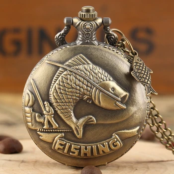 Яркий дизайн с резьбой по рыбалке Кварцевые карманные часы Винтажная бронза Интересный дизайн Рыболовные часы для мужчин и женщин + Аксессуар для рыбы